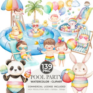 Clipart acquerello carino per feste in piscina, clipart estivo, festa di compleanno per bambini, clipart in piscina, clipart per feste, clipart con pallone da spiaggia, salti mortali