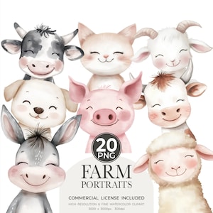 Imágenes prediseñadas de retratos de granja en acuarela, imágenes prediseñadas de animales lindos, animales bebés, imágenes prediseñadas de baby shower, guardería de granja, animales básicos de cabaña de granja bohemia