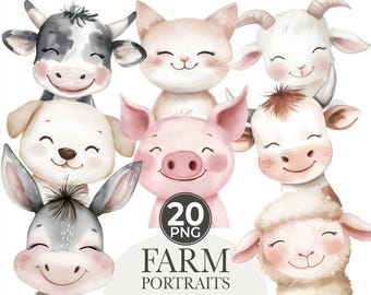 Watercolor Farm Animals Clipart, Nursery Art (PNG)