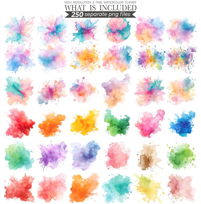 Watercolor splash illustration featuring vibrant, abstract splashes of color in shades of blue, pink, and yellow. Perfect for creative designs, digital art projects, or adding a bold, artistic touch to invitations, posters, and stationery.