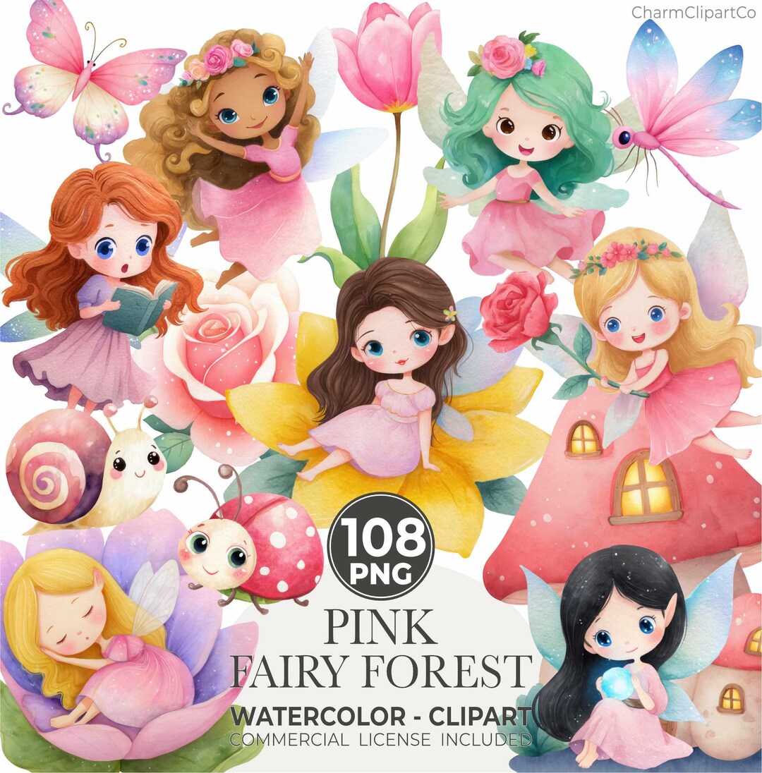 Watercolor Pink Fairy Clipart Bundle – Forest Garden PNG for ...