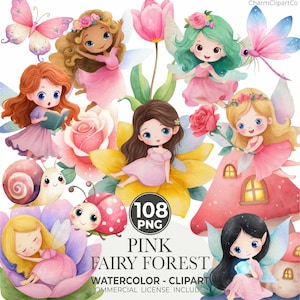 Puede incluir: Conjunto de imágenes prediseñadas de acuarela con hadas con alas, vestidas de rosa, rodeadas de flores, mariposas y un caracol. Se muestra el texto "Pink Fairy Forest". Incluye 108 imágenes PNG.