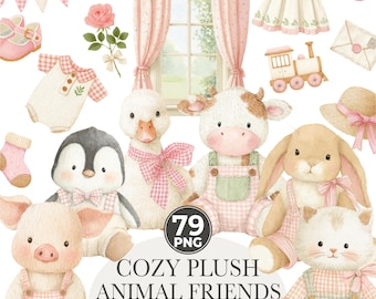 Aquarel rustieke atelier clipartset, Cottagecore knuffels PNG, Franse landkwekerij clipart, neutrale baby clipart, digitale download