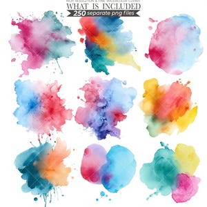 Watercolor splash illustration featuring vibrant, abstract splashes of color in shades of blue, pink, and yellow. Perfect for creative designs, digital art projects, or adding a bold, artistic touch to invitations, posters, and stationery.