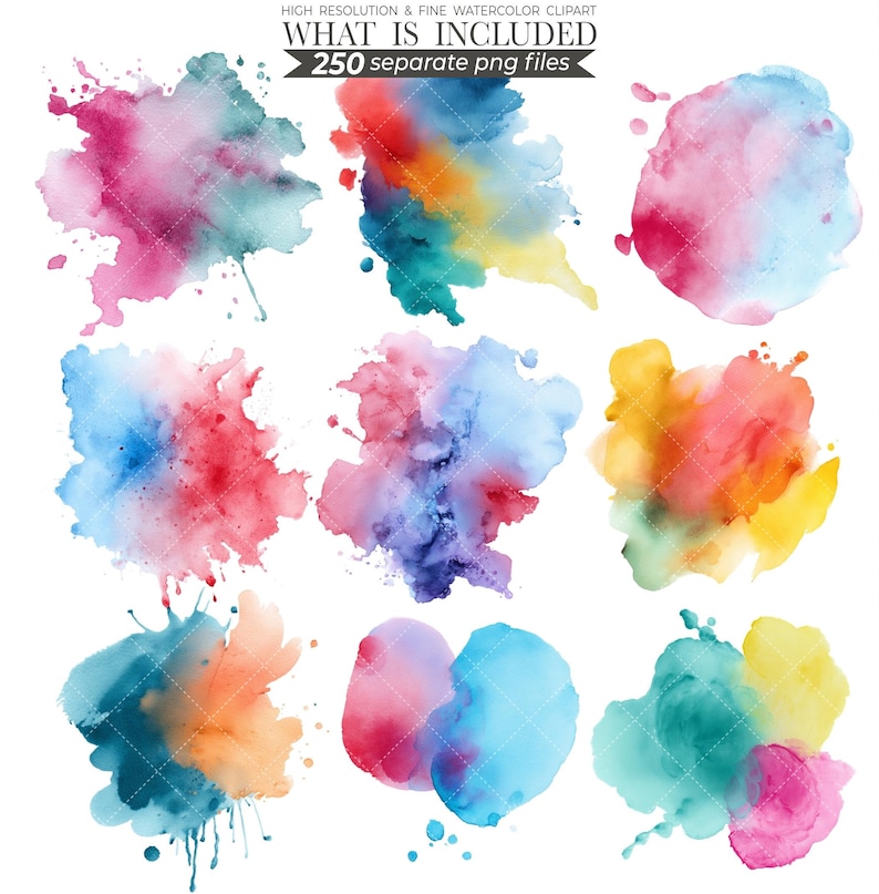 Watercolor splash illustration featuring vibrant, abstract splashes of color in shades of blue, pink, and yellow. Perfect for creative designs, digital art projects, or adding a bold, artistic touch to invitations, posters, and stationery.