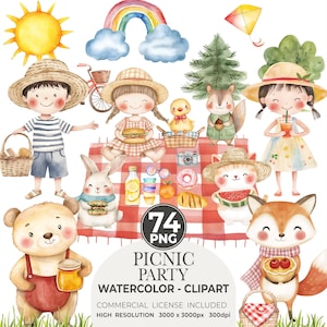 Picknick Aquarell Tiere, Picknick Party Clipart, niedliches Picknick Clipart, Happy Time, Picknickkorb, Kinderzimmer Clipart, Kinderzimmer Kunst, Party PNG