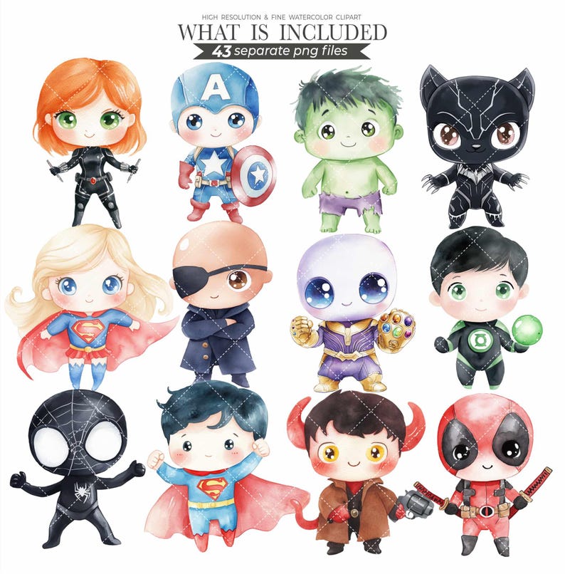 Instant download, Watercolor clipart, Arrowlanestudio, Commercial use, Kids png, Children's clipart, Cute kids clipart, Superhero clipart, Superhero Kids png, Cute superhero, Birthday Clipart, Super hero image, Watercolor superhero