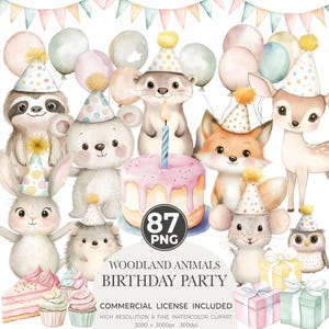 Niedliche Geburtstag Clipart Sammlung mit niedlichen Aquarell Tieren - Birthday Party Watercolor Kit - DIY Einladungen