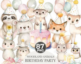 Watercolor Birthday Animals Clipart: Woodland Party DIY (PNG)