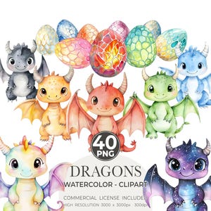 Pacchetto Clipart Drago Acquerello / Baby Fantasy Dragon PNG, Creature Mistiche, Arte per Bambini, Download Istantaneo, Baby Drago, Arte per Bambini, Drago