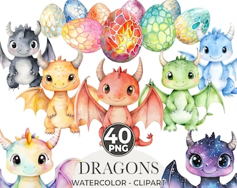 Akvarell babydrake clipart-paket: Pastellfärgad barnrumskonst (PNG, direktnedladdning)