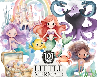 May include: A set of 101 digital illustrations featuring a mermaid, a crab, a fish, a castle, an octopus, and a mermaid with brown hair. The illustrations are in a watercolour style and are perfect for creating digital designs.