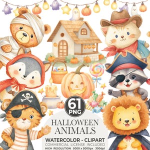 May include: Watercolor clipart set featuring Halloween animals, including a bear in bandages, a wolf in a cape, a cat in a cowboy hat, and a raccoon pirate. A jack-o'-lantern, house, and candy are also included. The text reads "Halloween Animals".