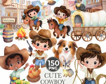 Watercolor Cowboy Clipart Bundle: 150 PNG Designs (Digital Download)
