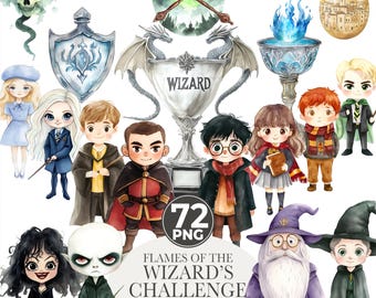 Puede incluir: Un conjunto de 72 ilustraciones de acuarela con personajes del Desafío del Mago. Las ilustraciones incluyen un mago, un dragón, un trofeo, un castillo, una calavera, un caldero y un huevo de oro. Las ilustraciones están en un estilo caprichoso y son perfectas para usar en proyectos digitales o impresos.