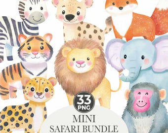Safari Animals Watercolor Clipart Bundle: 33 Jungle Nursery Art PNG Digital Download