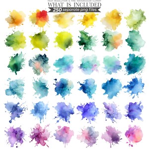 Watercolor splash illustration featuring vibrant, abstract splashes of color in shades of blue, pink, and yellow. Perfect for creative designs, digital art projects, or adding a bold, artistic touch to invitations, posters, and stationery.