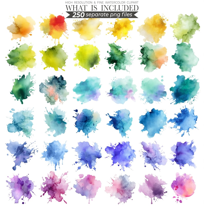 Watercolor splash illustration featuring vibrant, abstract splashes of color in shades of blue, pink, and yellow. Perfect for creative designs, digital art projects, or adding a bold, artistic touch to invitations, posters, and stationery.