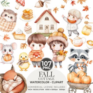 Clipart de outono, animais fofos, cottagecore, outono, florais, aquarela, rústico, caprichoso, guingão, bolinhas, berçário, clipart infantil, uso comercial