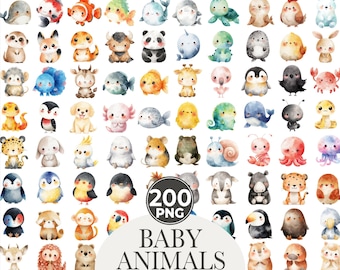 May include: A collection of 200 watercolor baby animal clip art images. The illustrations feature various animals in a cute, cartoon style. The text "BABY ANIMALS WATERCOLOR - CLIPART" is displayed.