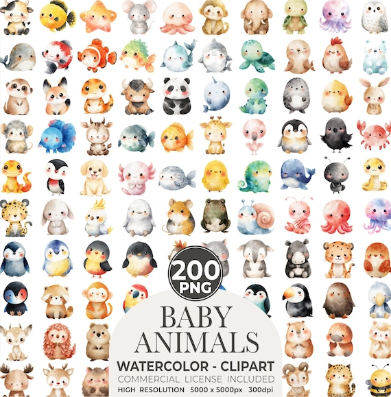 Watercolor Cute Animals Clipart 200 Cute Animal PNG Watercolor Animals Cute baby Animal Bundle Baby Animals Printable Animals Clipart Bundle