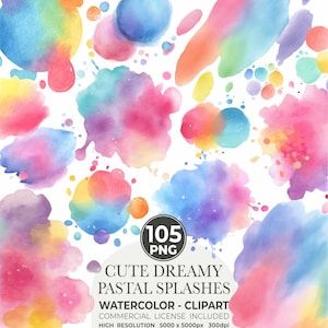 May include: A selection of watercolour splashes in pastel shades of pink, blue, yellow, and purple, set against a white backdrop. The image features the text "CUTE DREAMY PASTAL SPLASHES WATERCOLOR - CLIPART" and "105 PNG".