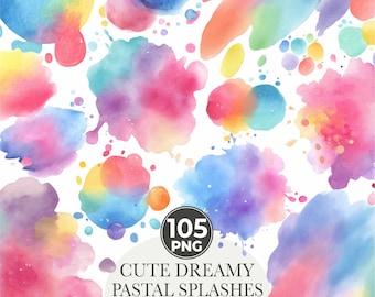 May include: A collection of watercolor splashes in various pastel colors, including pink, blue, yellow, and purple, on a white background. The image includes the text "CUTE DREAMY PASTAL SPLASHES WATERCOLOR - CLIPART" and "105 PNG".