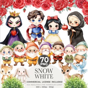Princesa fofa e sete anões, Clipart de aquarela de Branca de Neve, Princesa PNG, Sete anões, A princesa branca, Casa de campo, Princesa, Arte infantil