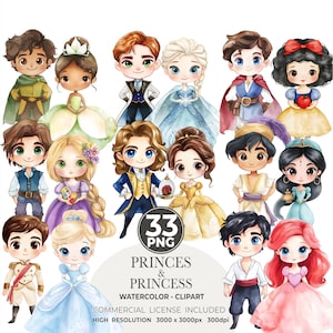 Paquete de imágenes prediseñadas de princesas y príncipes, ideal para planchar, decorar baby showers e imprimir en fiestas.