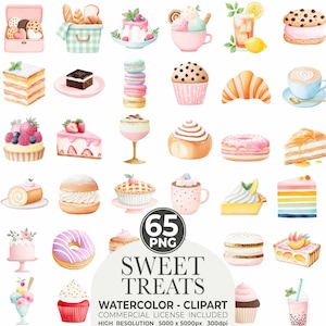 Watercolor Sweets Clipart Bundle: Pastel Candy, Cupcake, Ice Cream (PNG Files, Commercial Use)