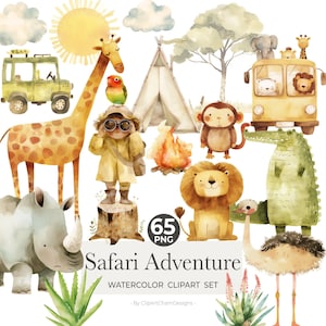 Safari aquarel clipart | Clipart kinderkamerdieren voor babyshower - schattige dieren - aquarel dieren - decoratie babydieren - scrapbooking