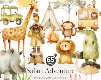 May include: A set of 65 watercolor clipart images featuring safari animals, a tent, a campfire, a jeep, a bus, and plants. The animals include a giraffe, a lion, a rhino, a monkey, a crocodile, an ostrich, and a pair of lovebirds. The text "Safari Adventure Watercolor Clipart Set" is included in the image.