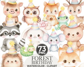 Forest Animals Birthday Clipart: Watercolor Woodland PNG (Commercial Use)
