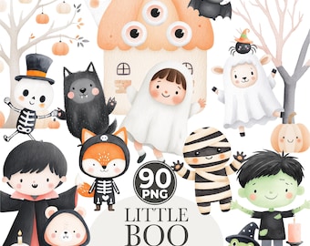 Clipart di Halloween carino - Clipart di "dolcetto o scherzetto" - Notte di Halloween - Clipart di bambini in costume di Halloween - Halloween per bambini - Uso commerciale