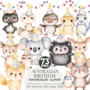 Animais fofos de festa australianos clipart - clipart de aquarela - clipart de coala - animais australianos - aniversário - clipart de canguru - USO COMERCIAL