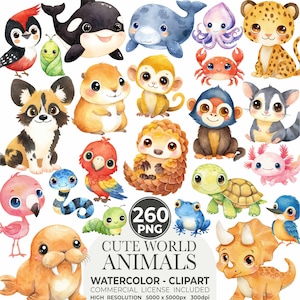 Könnte beinhalten: Aquarell-Clipart-Set mit einer Vielzahl von niedlichen Tieren der Welt. Die Sammlung umfasst einen Pinguin, Orca, Delfin, Oktopus, Leopard, Affen, Hamster, Papagei, Schildkröte und mehr. Der Text "CUTE WORLD ANIMALS" ist ebenfalls enthalten.