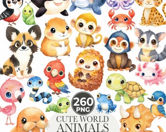 May include: Watercolor clipart set featuring a variety of cute world animals. The collection includes a penguin, orca, dolphin, octopus, leopard, monkey, hamster, parrot, turtle, and more. The text "CUTE WORLD ANIMALS" is also included.
