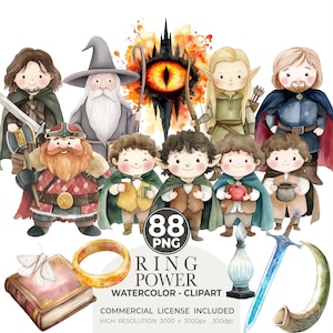 Power Ringe Clipart, Mittelerde, Grau Magier, Aquarell Illustration, Elfen Königin, Dark Lord, Waldläufer, Geschenk Triologie, Kommerziell