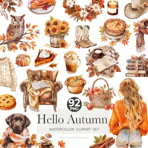 Bonjour l'automne, lot de cliparts automne aquarelle, clipart automne confortable, noyau de chalet automne, clipart citrouille, automne neutre, humeur d'automne rustique