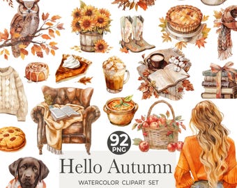 May include: A watercolor clipart set with 92 images featuring autumnal themes. The set includes images of pumpkins, leaves, acorns, a cozy armchair, a cup of coffee, a book, a pie, a sweater, a dog, and a woman. The set is perfect for creating fall-themed crafts, cards, and invitations.