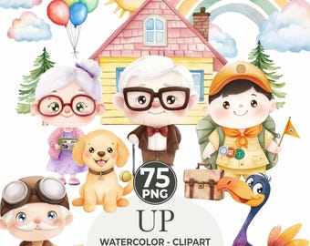 Conjunto de imágenes prediseñadas de la película Up: Carl, Russell y la casa de globos en acuarela (archivos PNG, descarga digital)