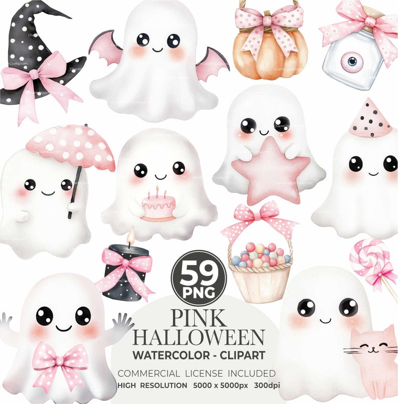 Pink Halloween Clipart | Watercolor Ghost PNG Bundle (commercial Use ...