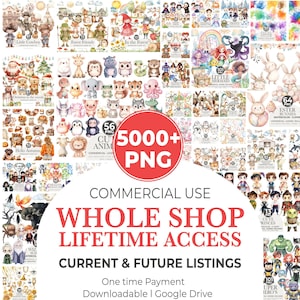 Toute la boutique Bundle Clipart, pass d'accès illimité à vie, tout le magasin Clip Art, téléchargement numérique, aquarelle mignon usage Commercial PNG
