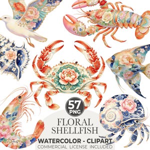 Floral Shellfish Clipart PNG, Coastal Crab Lobster Shrimp Seashell, Chinoiserie Floral Shellfish Clipart, Watercolor Ocean Animals PNG