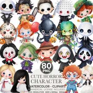 May include: A collection of watercolour clipart featuring cute horror characters. The image includes characters like Jack Skellington, Michael Myers, Freddy Krueger, and Chucky. The text on the image says "CUTE HORROR CHARACTER WATERCOLOR - CLIPART".
