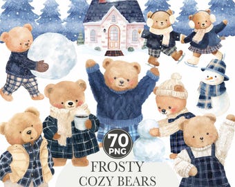 Frosty Cozy Bears Clipart, Watercolor Winter Teddy Bears, Tartan Holiday Clipart, Cute Bear PNG, Nursery Art, Winter Animals Download