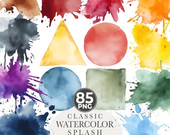 May include: A set of 85 watercolor PNG images featuring various shapes and splatters in a rainbow of colors. The shapes include circles, squares, triangles, and irregular blobs. The images are high resolution, measuring 3000 x 3000 pixels at 300 dpi.