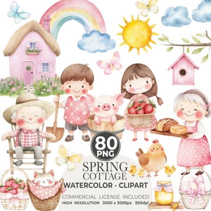 Clipart printemps cottage, fraise mignonne, animaux, fleurs, ferme rustique, vichy rouge, pois, aquarelle pour chambre d'enfants, usage commercial