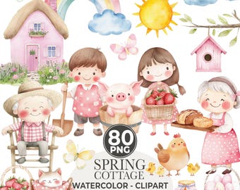 Spring Cottagecore Clipart: Watercolor Animals, Strawberries Clipart Bundle (Commercial Use)