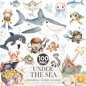 100 onder de zee | Scuba Diver kwekerij Clipart - aquarel Clipart - oceaandieren - onderwaterdieren - oceaankwekerij - commercieel gebruik